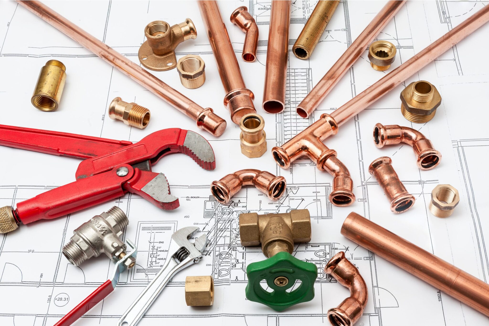 Copper pipes, fittings, valves, and plumbing tools in Westminster