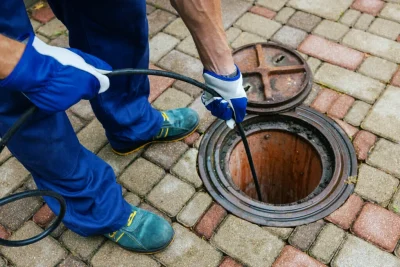 Plumber cleaning an outdoor sewer drain in Westminster