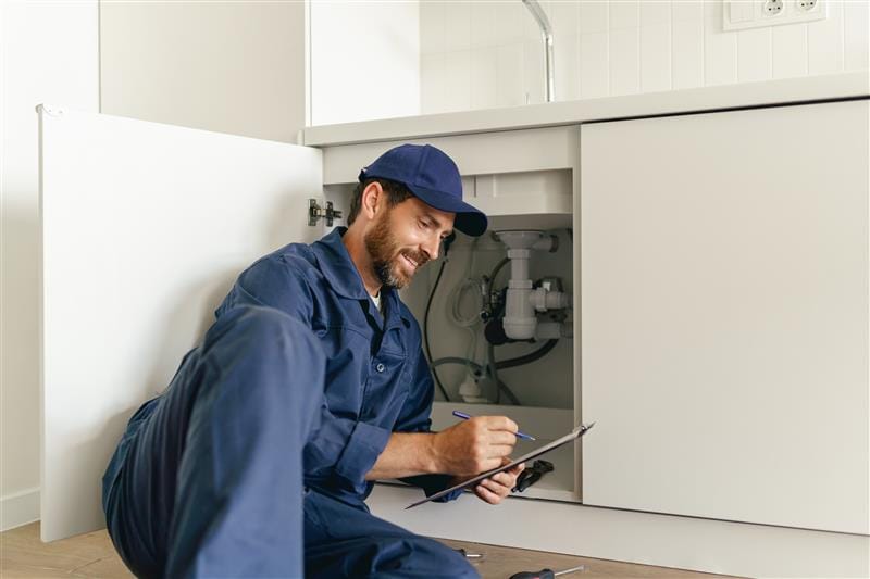 Residential plumber reviewing plumbing repairs in a Westminster kitchen
