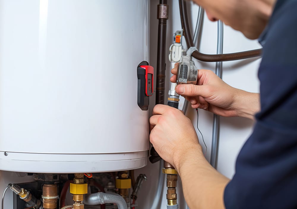 Technician repairing pipes connected to a water heater in Westminster